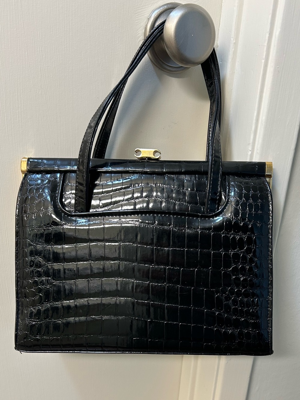 Vintage My Lady Handbag Made in England Black Croc-Embossed Top-Handle.